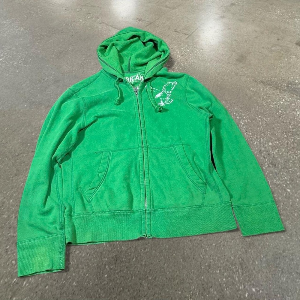 American Eagle Green Full Zip Up Hoodie Mens Large Y2K Vintage Fit Eagle Logo